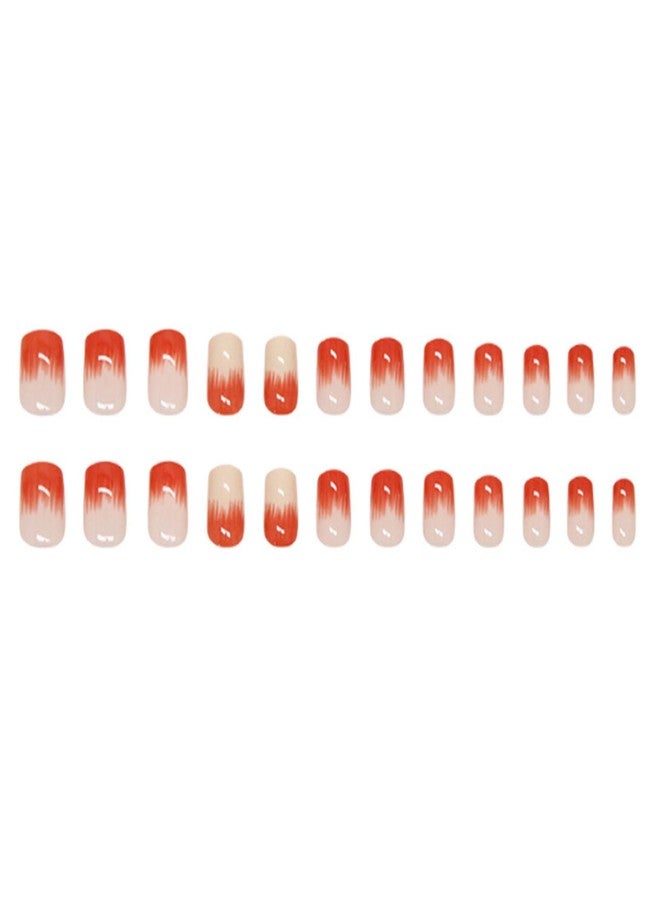 YoYoee 24Pes Short Press on Nails - Square Fake Nails Nude Gradient False Nails Full Cover Apple Pattern Nails Tips for Women - Image 3